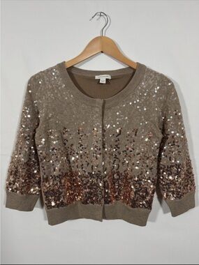 WSW10 {Boston Proper} Brown Ombre Sequin Metallic 3/4 Sleeve Cardigan Sweater